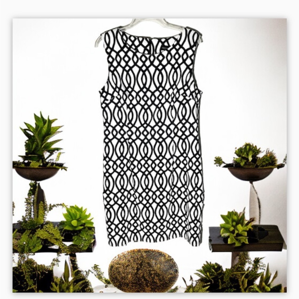Geometric  Pattern Sheath- Creme-Off White /Black -NWOT-Sz 10-Chic & Flattering - Picture 6 of 13